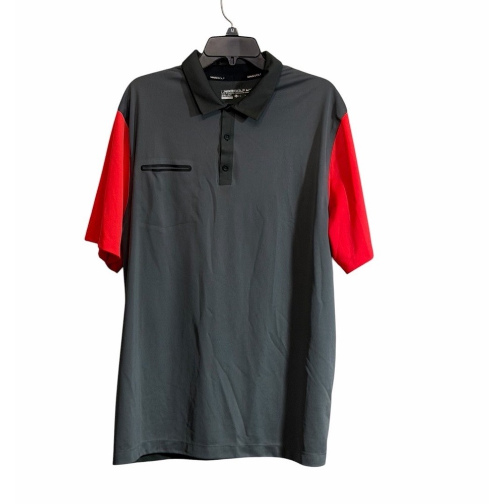 Nike Golf Shirt Mens XL Gray Red  Dri Fit Collar Performance